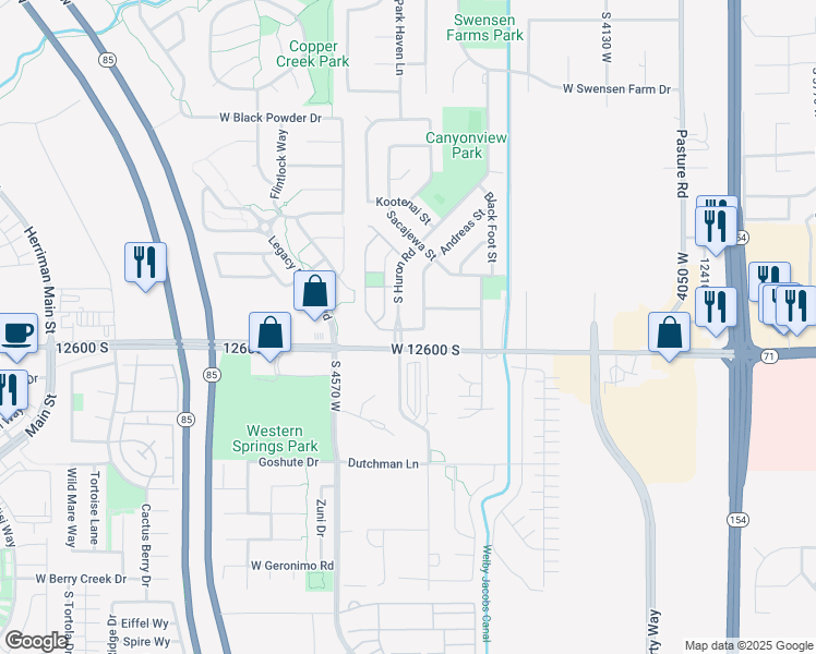 map of restaurants, bars, coffee shops, grocery stores, and more near 4454 West Mayan Street in Riverton