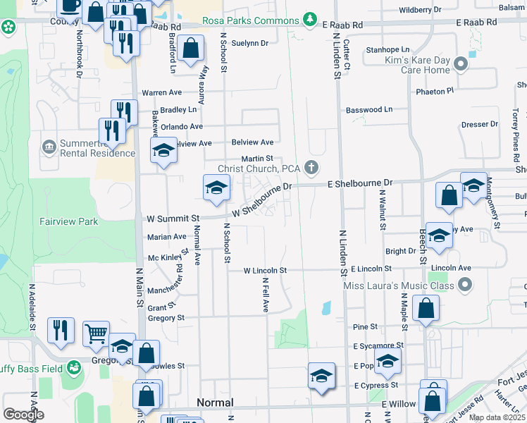 map of restaurants, bars, coffee shops, grocery stores, and more near 200 West Summit Street in Normal