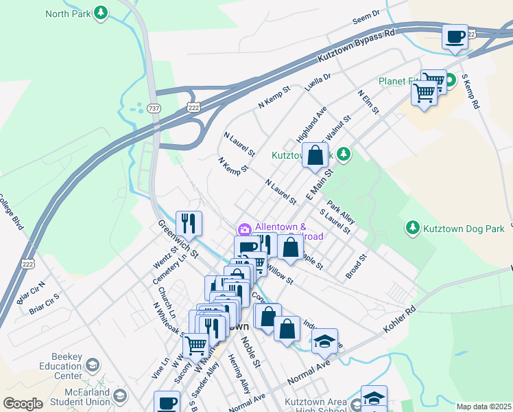 map of restaurants, bars, coffee shops, grocery stores, and more near 218 Highland Avenue in Kutztown