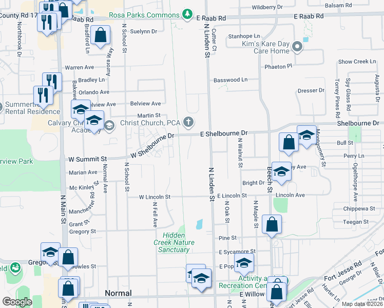 map of restaurants, bars, coffee shops, grocery stores, and more near 1200 Timber Ridge Court in Normal