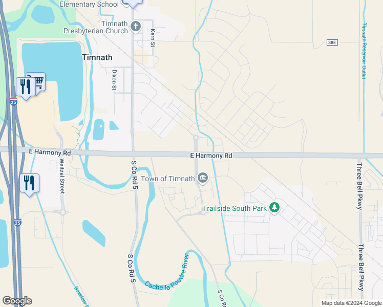 map of restaurants, bars, coffee shops, grocery stores, and more near 5384 East Harmony Road in Timnath