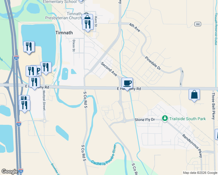 map of restaurants, bars, coffee shops, grocery stores, and more near 5300 East Harmony Road in Timnath