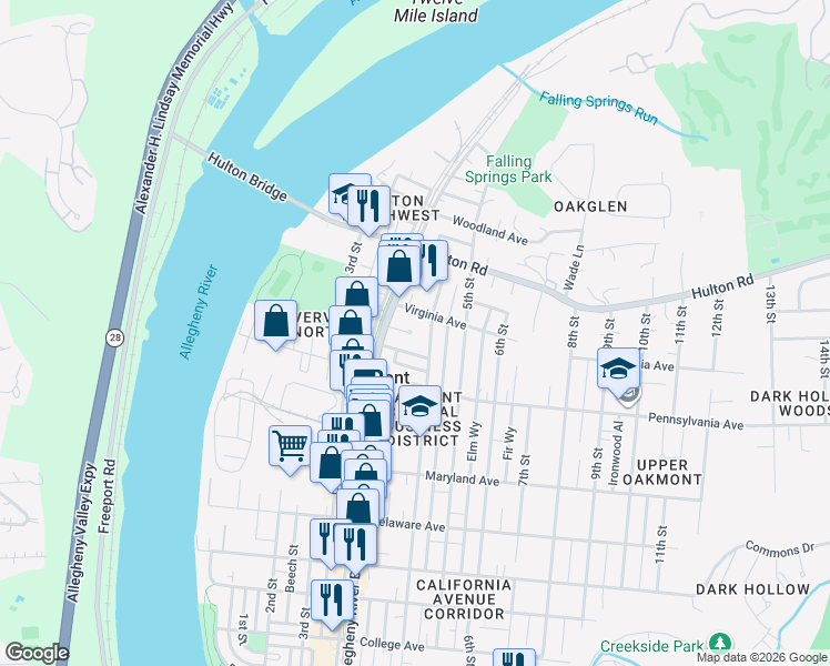 map of restaurants, bars, coffee shops, grocery stores, and more near 376 Terrace Place in Oakmont