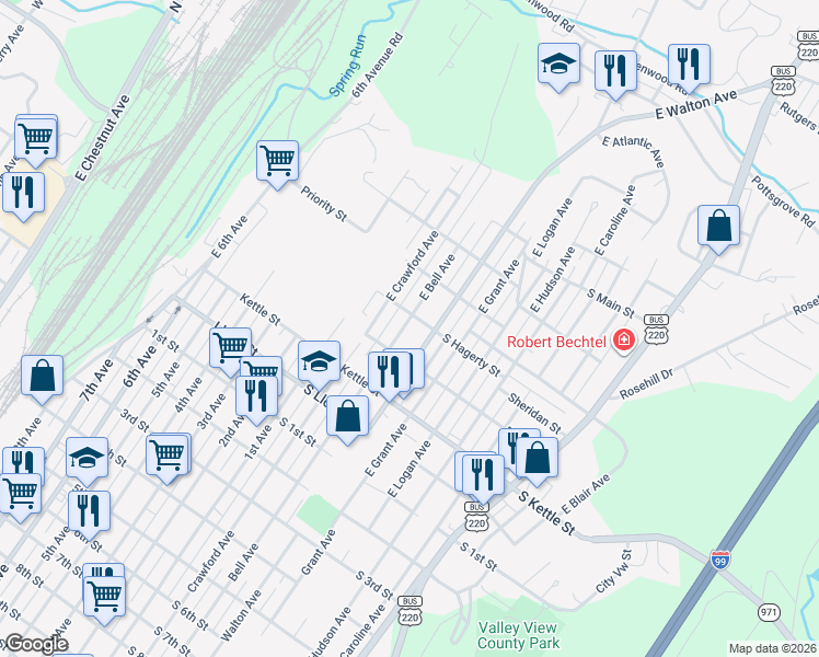 map of restaurants, bars, coffee shops, grocery stores, and more near 415 E Walton Ave in Altoona