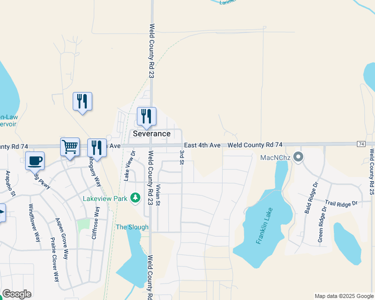 map of restaurants, bars, coffee shops, grocery stores, and more near 302 3rd Street in Severance