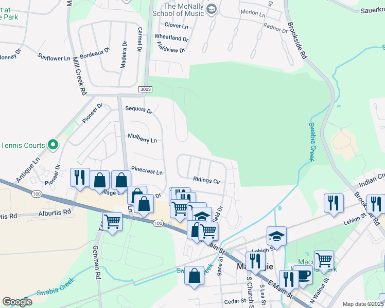 map of restaurants, bars, coffee shops, grocery stores, and more near 204 Ridings Circle in Macungie