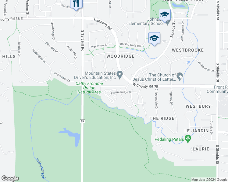 map of restaurants, bars, coffee shops, grocery stores, and more near 1808 Prairie Ridge Drive in Fort Collins