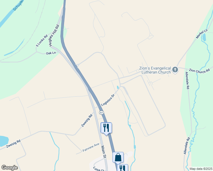 map of restaurants, bars, coffee shops, grocery stores, and more near 56 Zion Church Road in Shoemakersville