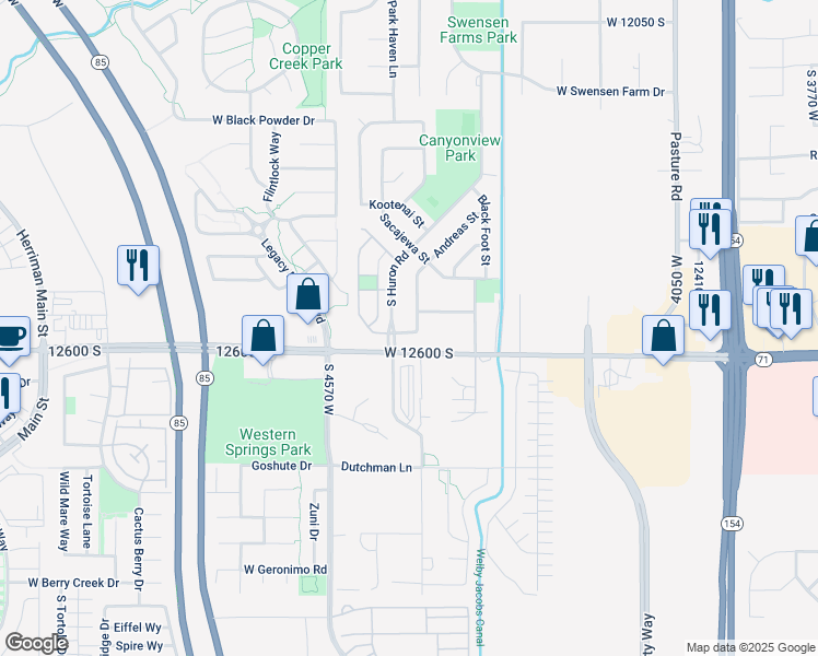 map of restaurants, bars, coffee shops, grocery stores, and more near 4434 West Mayan Street in Riverton