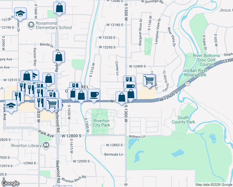 map of restaurants, bars, coffee shops, grocery stores, and more near 1346 West 12600 South in Riverton