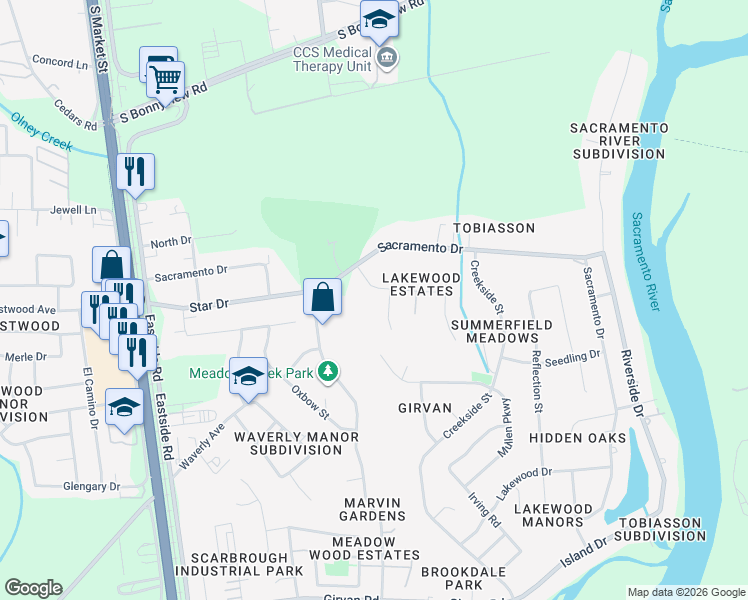 map of restaurants, bars, coffee shops, grocery stores, and more near 2875 Balaton Avenue in Redding