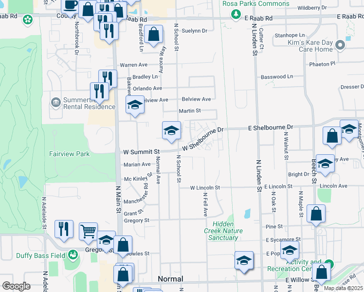 map of restaurants, bars, coffee shops, grocery stores, and more near 208 West Summit Street in Normal