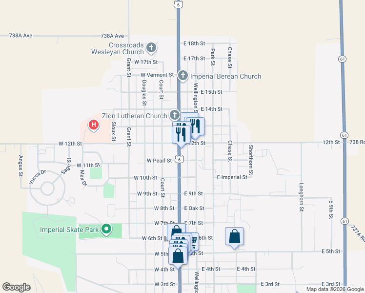 map of restaurants, bars, coffee shops, grocery stores, and more near 1100 Broadway Street in Imperial
