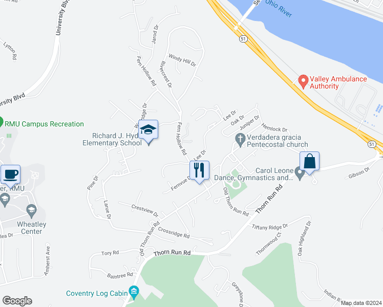 map of restaurants, bars, coffee shops, grocery stores, and more near 100 Lee Drive in Moon