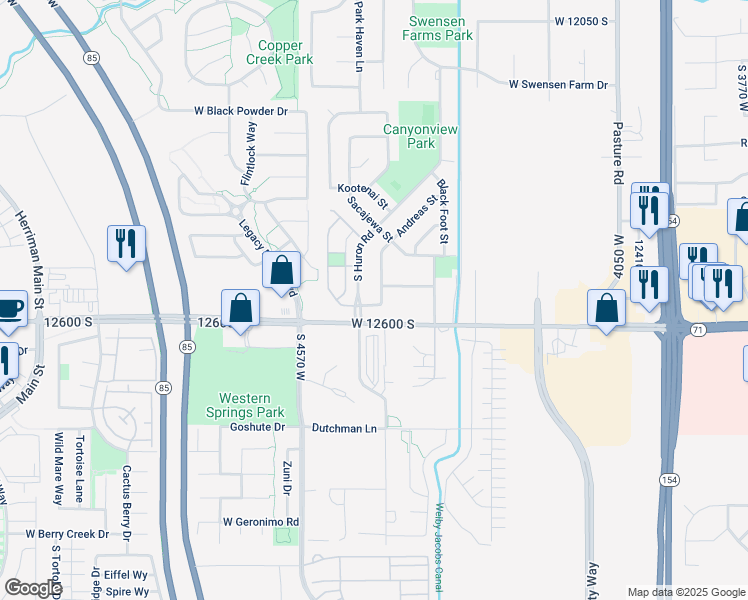 map of restaurants, bars, coffee shops, grocery stores, and more near 4434 West Mayan Street in Riverton