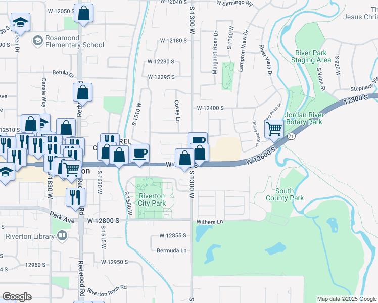 map of restaurants, bars, coffee shops, grocery stores, and more near 1346 West 12600 South in Riverton
