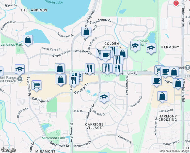 map of restaurants, bars, coffee shops, grocery stores, and more near 1336 Oakridge Drive in Fort Collins