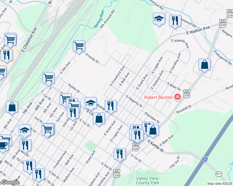 map of restaurants, bars, coffee shops, grocery stores, and more near 415 E Walton Ave in Altoona