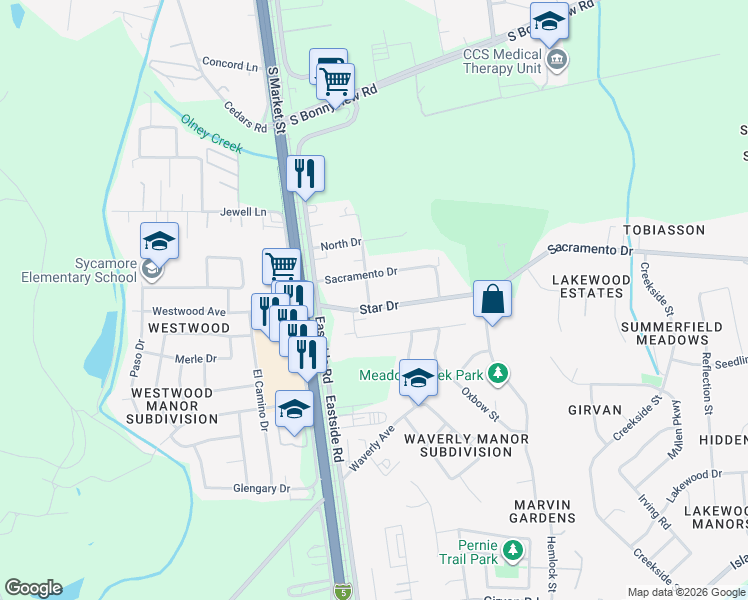 map of restaurants, bars, coffee shops, grocery stores, and more near 6395 Center Drive in Redding