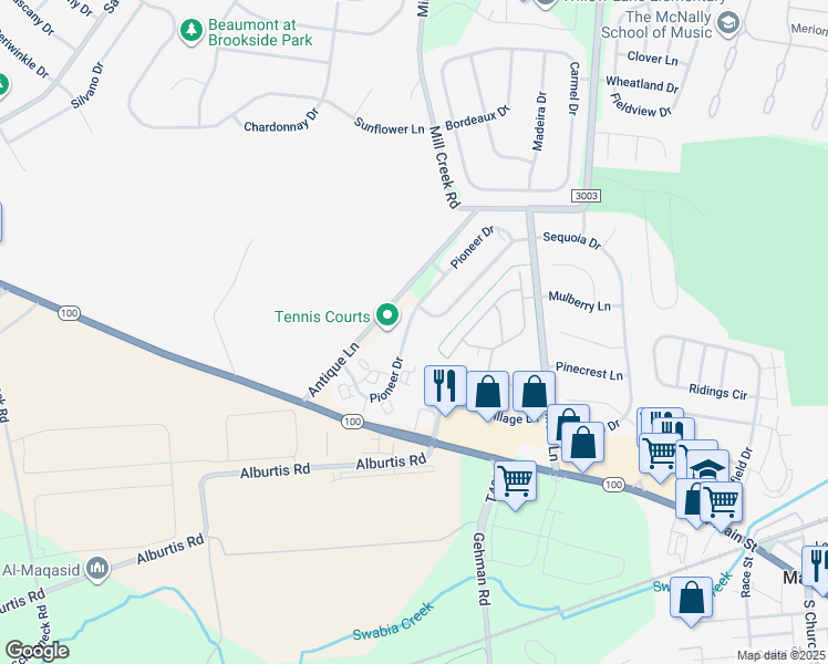 map of restaurants, bars, coffee shops, grocery stores, and more near 6652 Pioneer Drive in Macungie