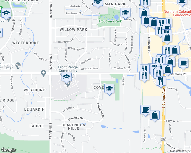 map of restaurants, bars, coffee shops, grocery stores, and more near 714 Bentley Place in Fort Collins
