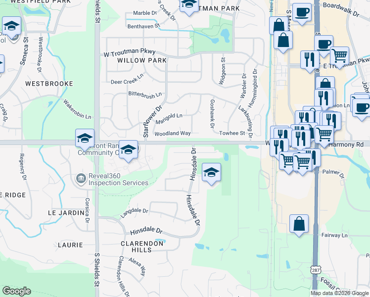 map of restaurants, bars, coffee shops, grocery stores, and more near 712 Stoddard Drive in Fort Collins