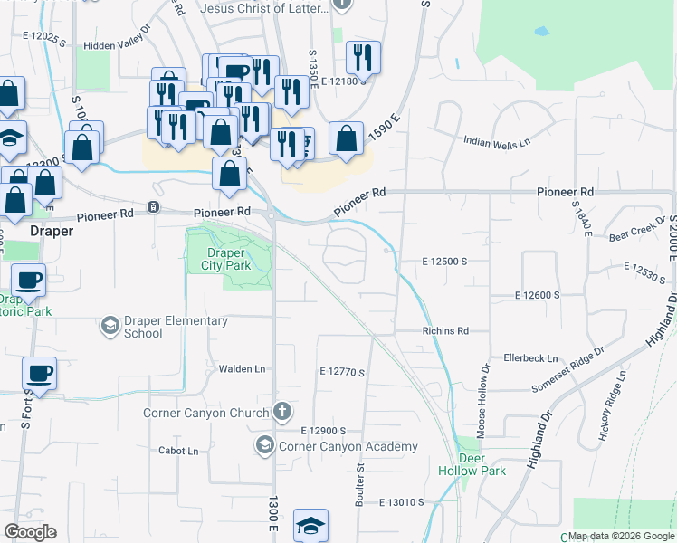 map of restaurants, bars, coffee shops, grocery stores, and more near 12584 Blacksmith Lane in Draper