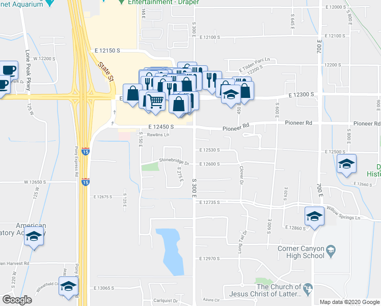 map of restaurants, bars, coffee shops, grocery stores, and more near 293 Stonebridge Drive in Draper