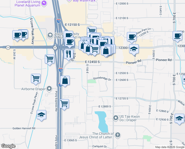 map of restaurants, bars, coffee shops, grocery stores, and more near 12616 East Bridgewood Lane in Draper