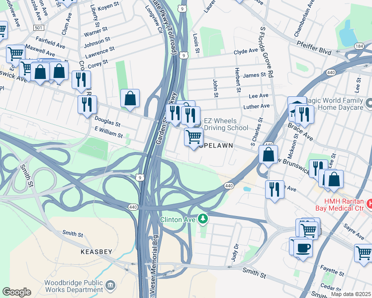 map of restaurants, bars, coffee shops, grocery stores, and more near 175 Quincy Court in Woodbridge Township