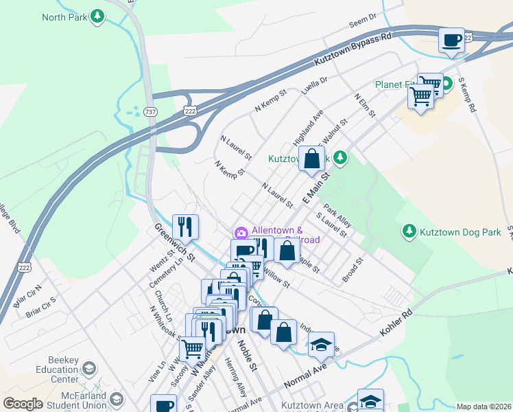map of restaurants, bars, coffee shops, grocery stores, and more near 111 North Maple Street in Kutztown