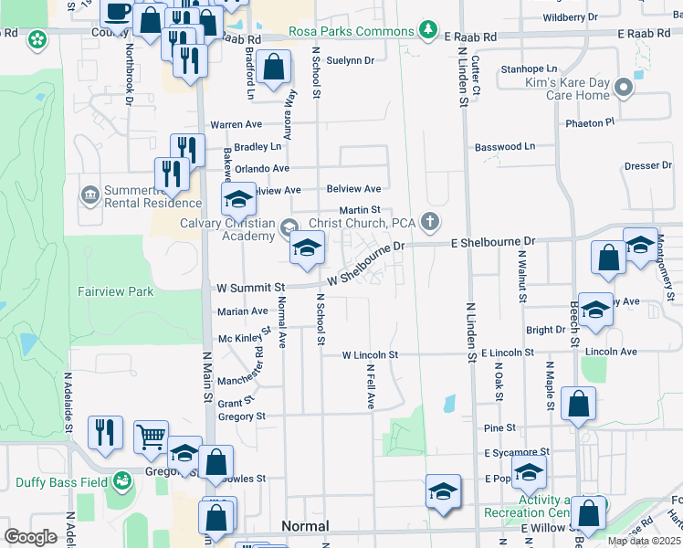 map of restaurants, bars, coffee shops, grocery stores, and more near 208 West Summit Street in Normal