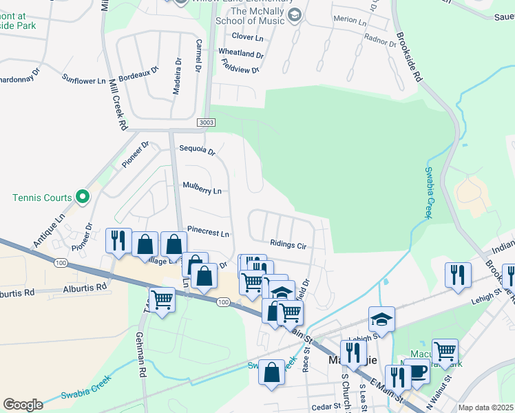 map of restaurants, bars, coffee shops, grocery stores, and more near 235 Ridings Circle in Macungie