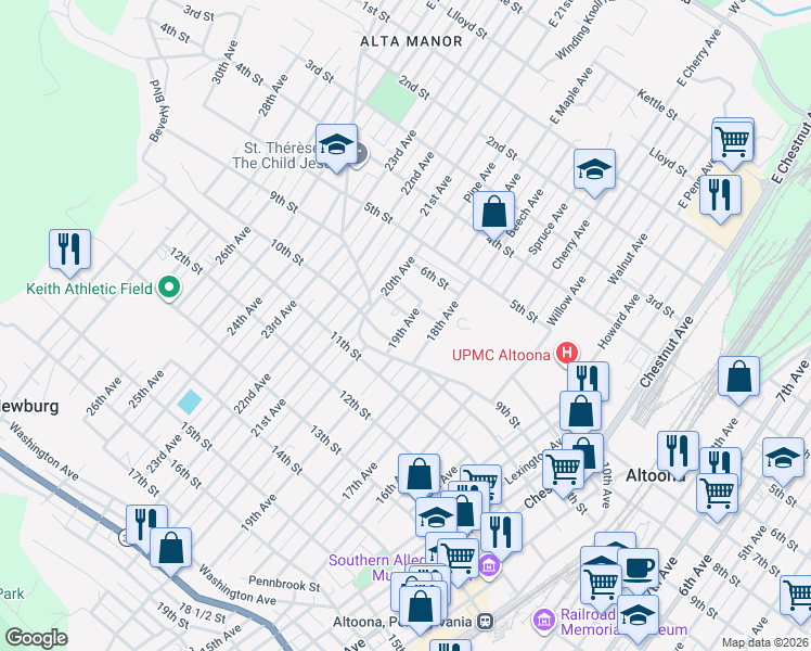 map of restaurants, bars, coffee shops, grocery stores, and more near 1810-12 10th Street in Altoona