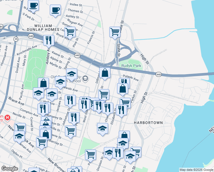 map of restaurants, bars, coffee shops, grocery stores, and more near 709 Cortlandt Street in Perth Amboy