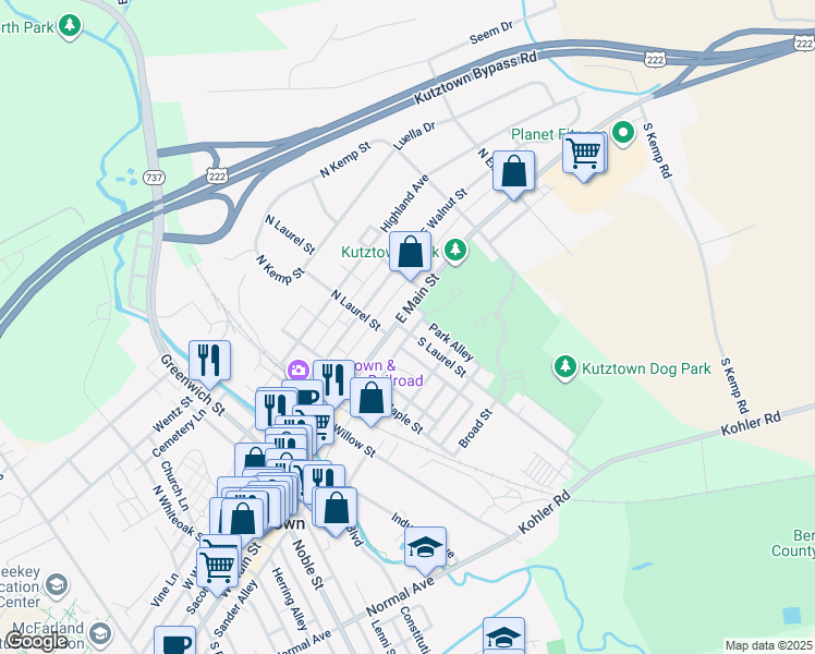 map of restaurants, bars, coffee shops, grocery stores, and more near 324 East Main Street in Kutztown