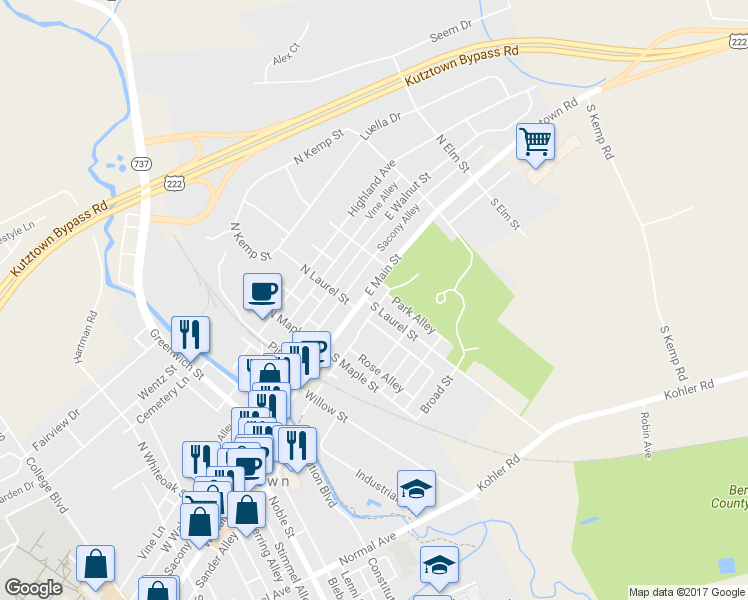 map of restaurants, bars, coffee shops, grocery stores, and more near 324 East Main Street in Kutztown