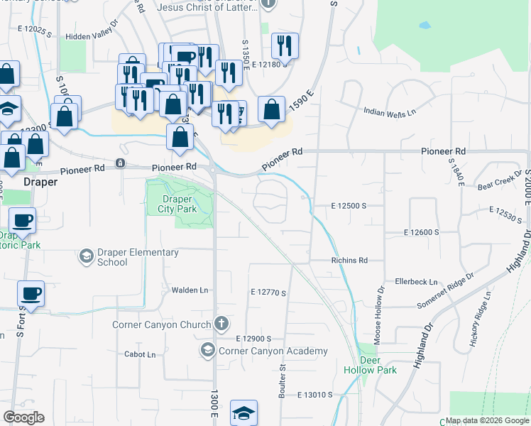 map of restaurants, bars, coffee shops, grocery stores, and more near 12584 Blacksmith Lane in Draper