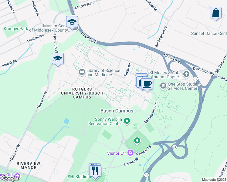 map of restaurants, bars, coffee shops, grocery stores, and more near in Piscataway