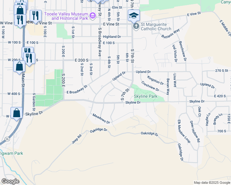 map of restaurants, bars, coffee shops, grocery stores, and more near 447 Nottingham Circle in Tooele