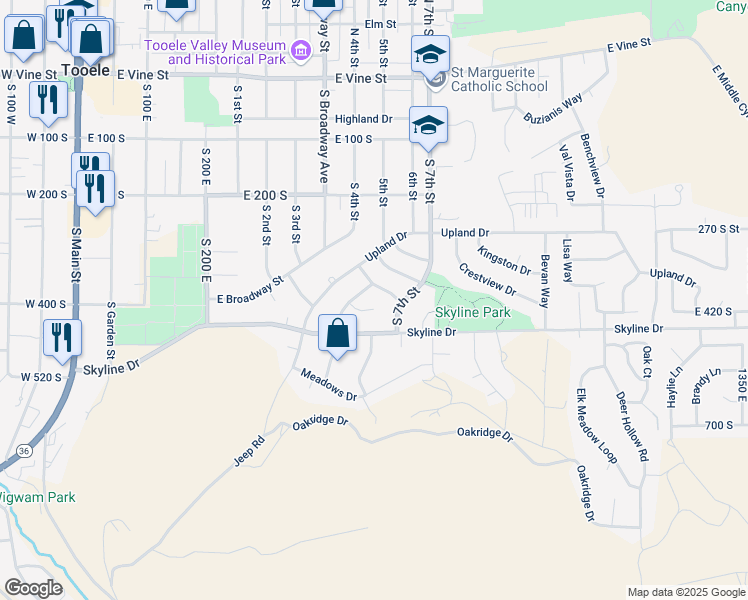 map of restaurants, bars, coffee shops, grocery stores, and more near 447 Nottingham Circle in Tooele