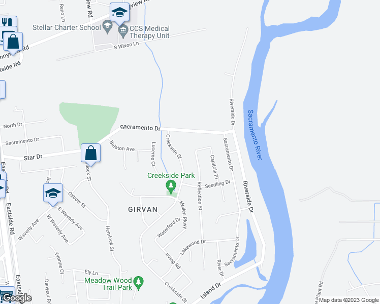 map of restaurants, bars, coffee shops, grocery stores, and more near 6502 Reflection Street in Redding