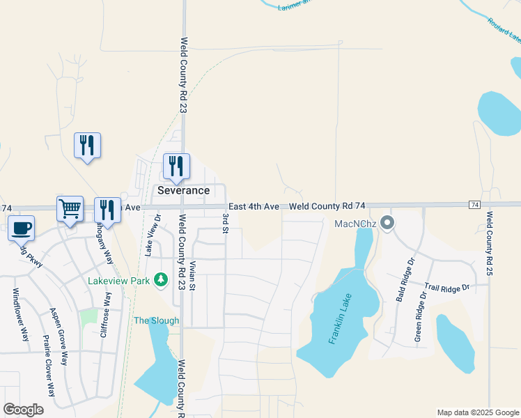 map of restaurants, bars, coffee shops, grocery stores, and more near 11230 County Road 74 in Severance