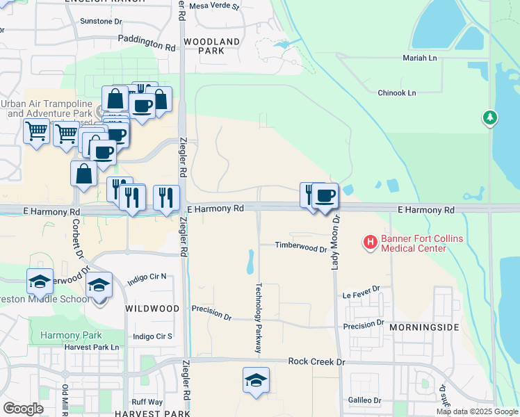 map of restaurants, bars, coffee shops, grocery stores, and more near East Harmony Road & Technology Parkway in Fort Collins