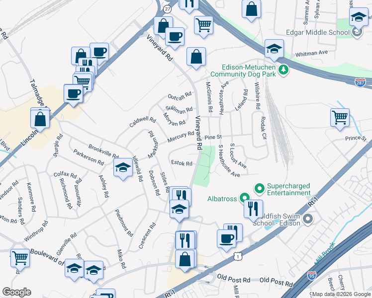 map of restaurants, bars, coffee shops, grocery stores, and more near 16 Mercury Road in Edison