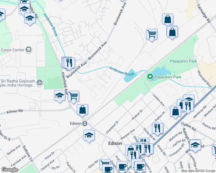 map of restaurants, bars, coffee shops, grocery stores, and more near 1640 Raspberry Court in Edison