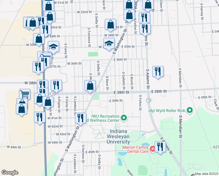 map of restaurants, bars, coffee shops, grocery stores, and more near 3726 South Nebraska Street in Marion