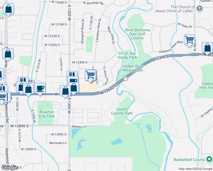 map of restaurants, bars, coffee shops, grocery stores, and more near 1062 Tithing View Court in Riverton