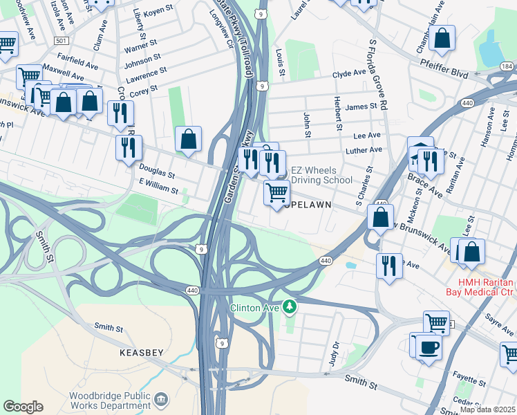map of restaurants, bars, coffee shops, grocery stores, and more near 41 Emmett Avenue in Perth Amboy