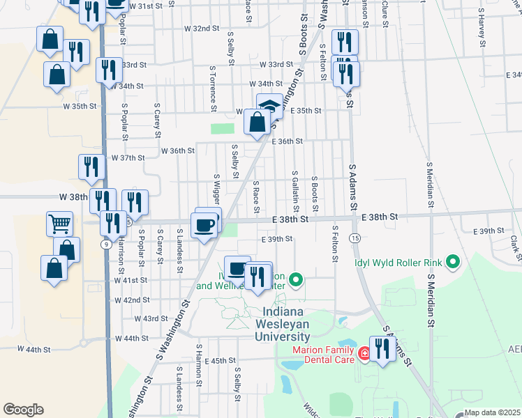 map of restaurants, bars, coffee shops, grocery stores, and more near 3726 South Nebraska Street in Marion